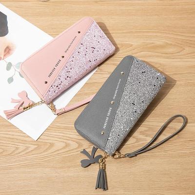 Korean Style Women's Long Zipper Wallet, Spliced Contrast Color with Tassel, Rivet Design, Large Screen Mobile Phone Holder.