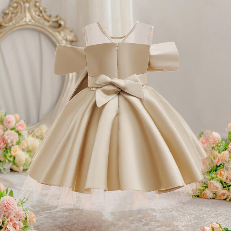 Vestido de Princesa de Satén Champagne para Niñas Vestido de Fiesta de Cumpleaños