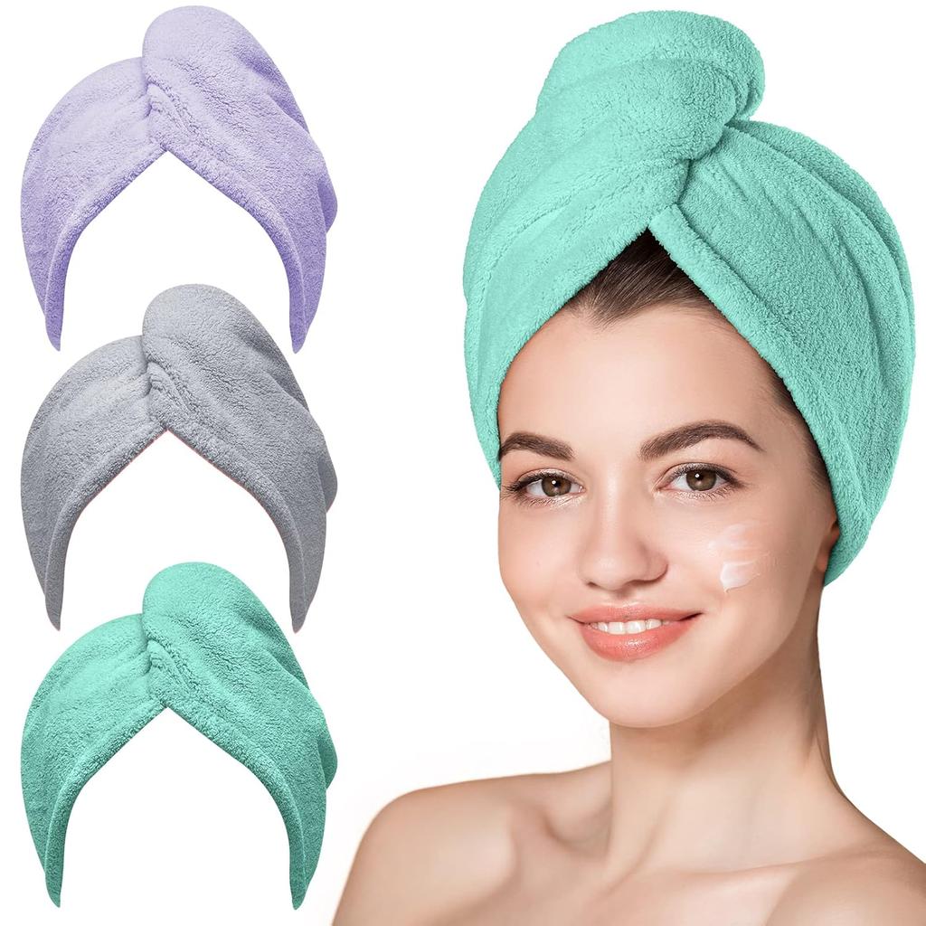 Microfiber Hair Towel, 3 Packs Hair Turbans for Wet Hair, Drying Hair Wrap Towels for Curly Hair Women Anti Frizz (Blue,Grey,Pink)