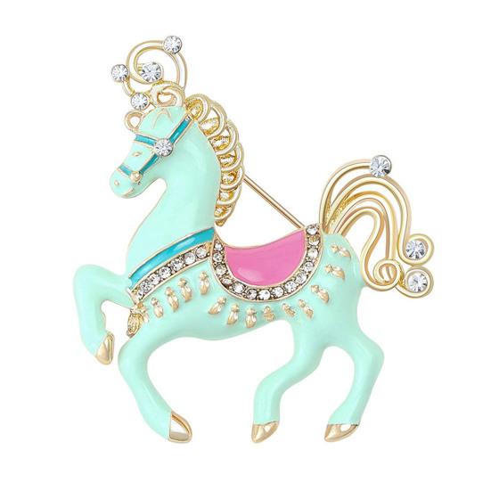 Brooch Zinc Alloy Enamel Pin Carousel Horse Pin with Rhinestones Encrusted Saddle Mane Coat Bag Hat Scarf Accessory