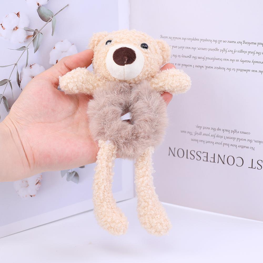 Women Faux Fur Ball Scrunchies Cute Cartoon 3D Bear Hairband Elastic Hair Rope Bands Ties Ponytail Holder Girls Hair Accessories