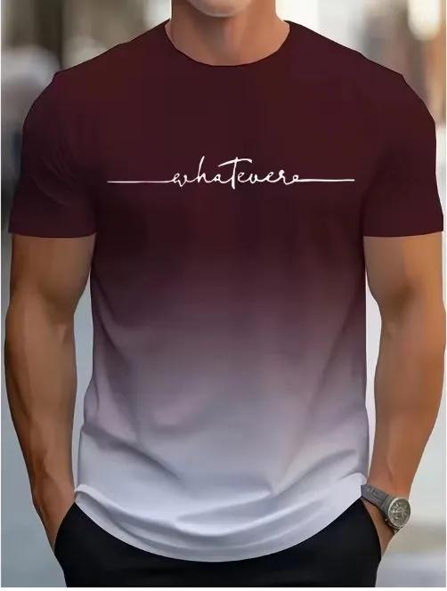 Men's Gradient Ombre T-Shirt with Cursive Print, Slim-Fit Short Sleeve Tee for Casual Streetwear, Multi-Color
