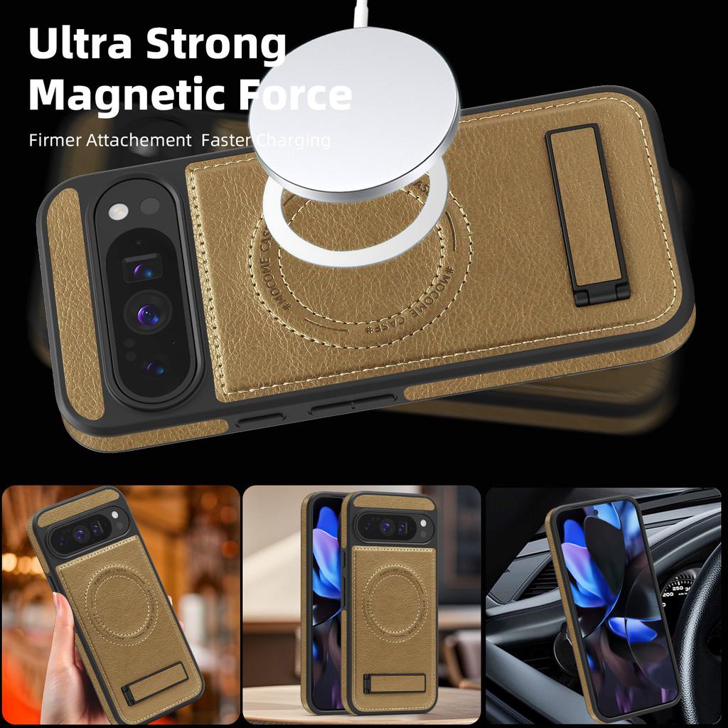 For Google Pixel 10 Pro XL Case Compatible with MagSafe Kickstand Leather Phone Back Cover