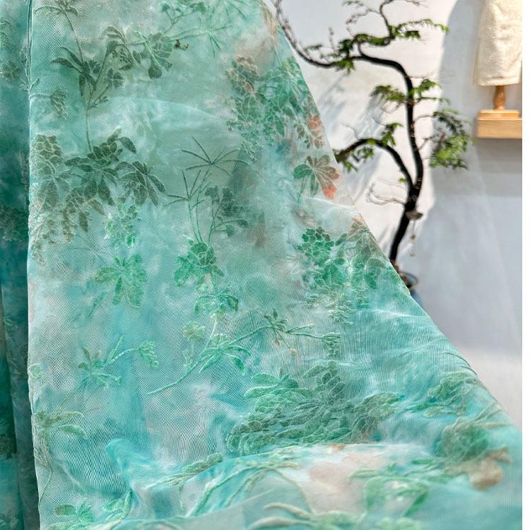 1yard Green Color Burnout Velour Lace Tie-dye Flocking Fabric African Tulle Jacquard Fabrics for Dress DIY Clothing