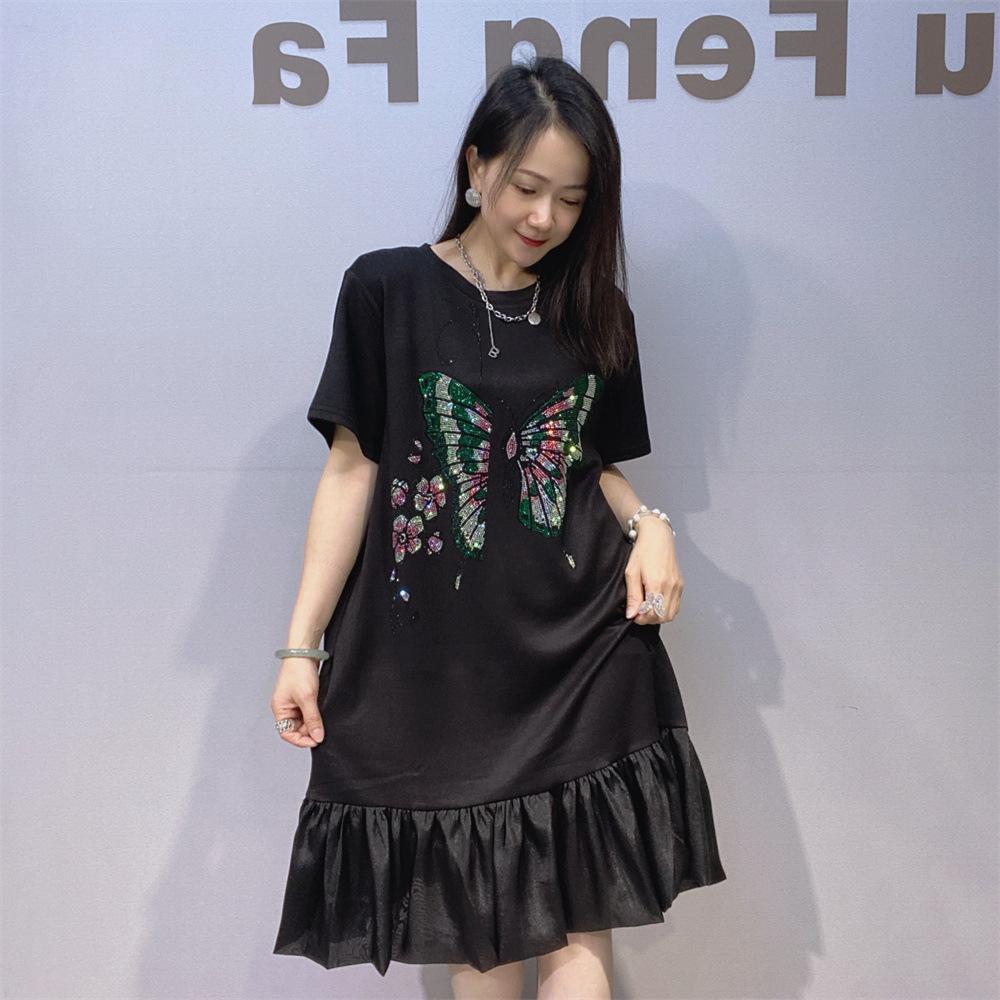 

Simple Style Short-sleeved Summer Dress for Women, Loose and Comfortable with Ruffled Lace and Sequin Patching, Suitable for Formal Evening Wear. one size чёрный
