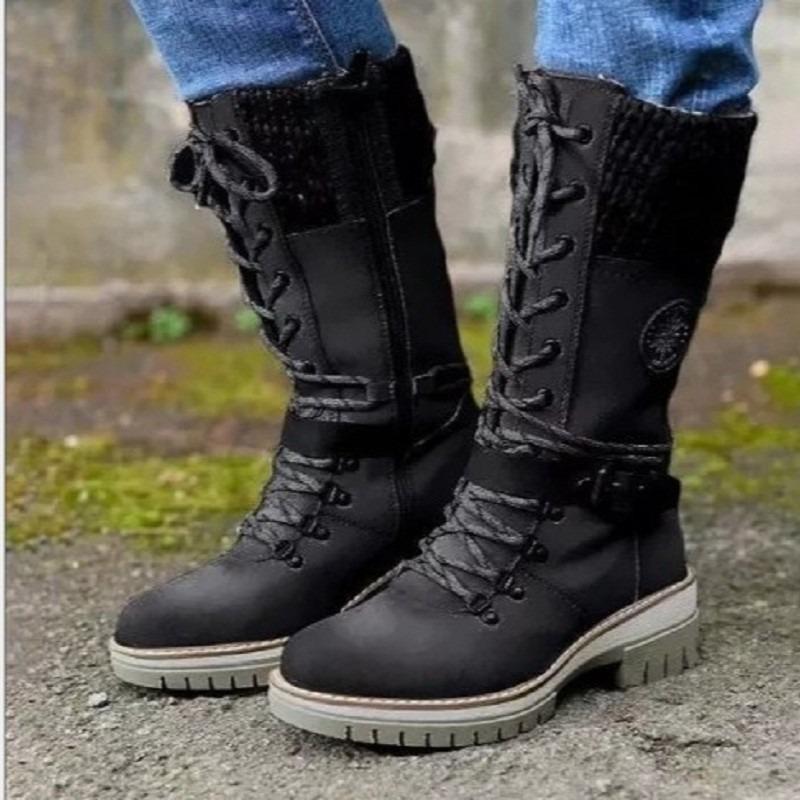 European and American Foreign  New Front Lace-up Middle Tube Square Heel Round Head Knight Boots Women's Cross-border Belt Buckle Thick Bottom Thin