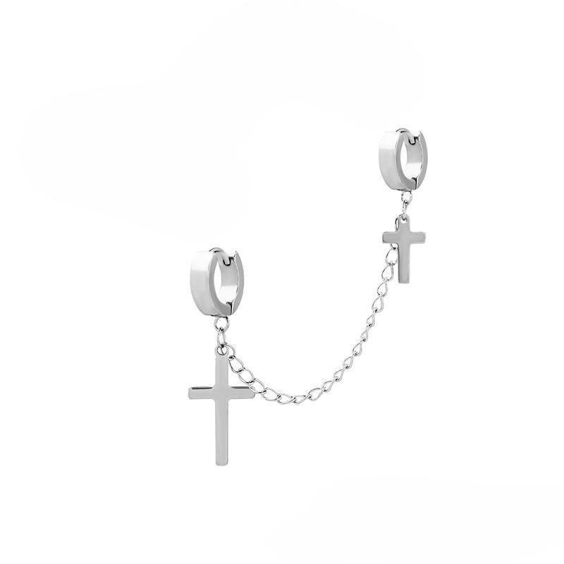 

Earring with Chain Hook, Male Style, Titanium and Steel Cross-shaped, Trendy Stud Earrings, Retro Stainless Steel, Hip-hop Style Pendant Earrings Steel-colored earclips