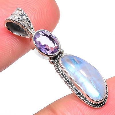 Natural Rainbow Moonstone, Amethyst 925 Solid Sterling Silver Pendant 1.38" Q6m05
