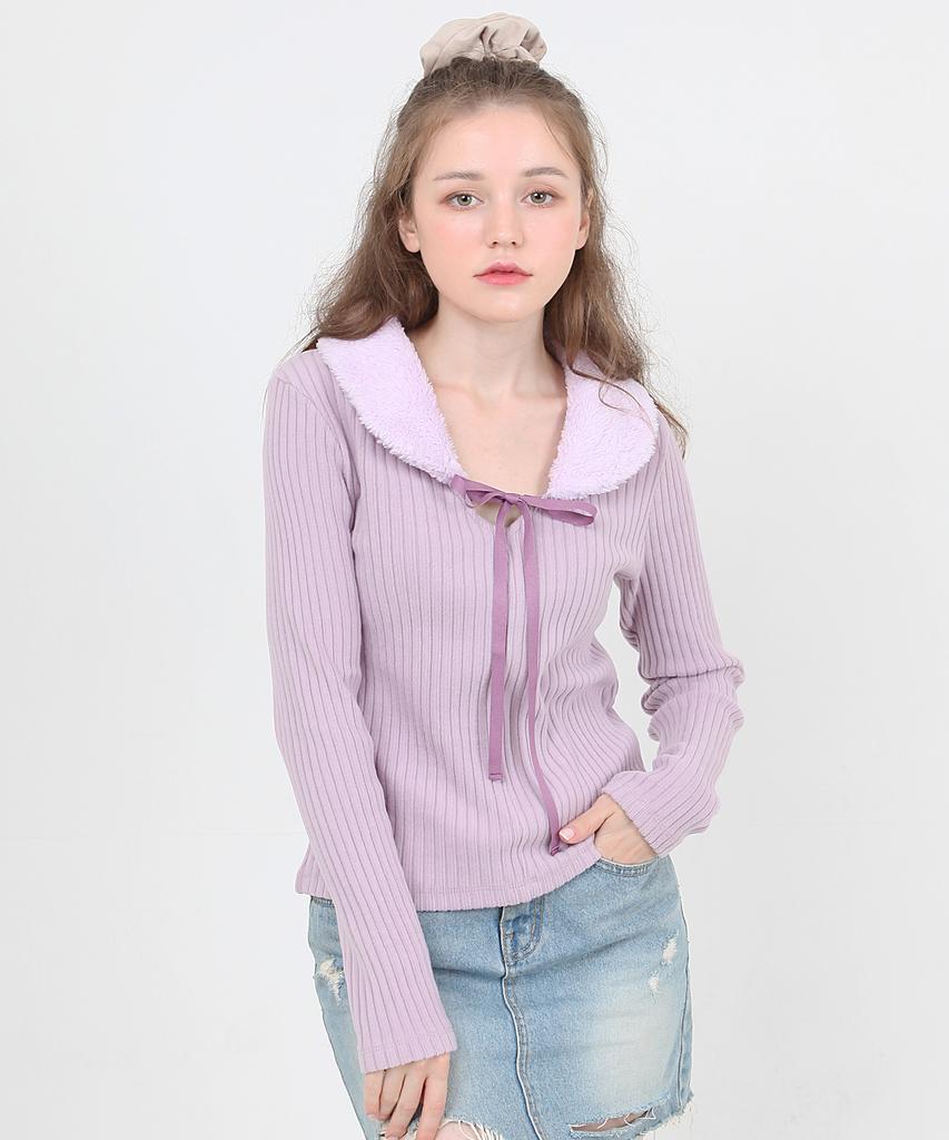 CATTLINE Fur Collar Knit T-Shirt (Purple)