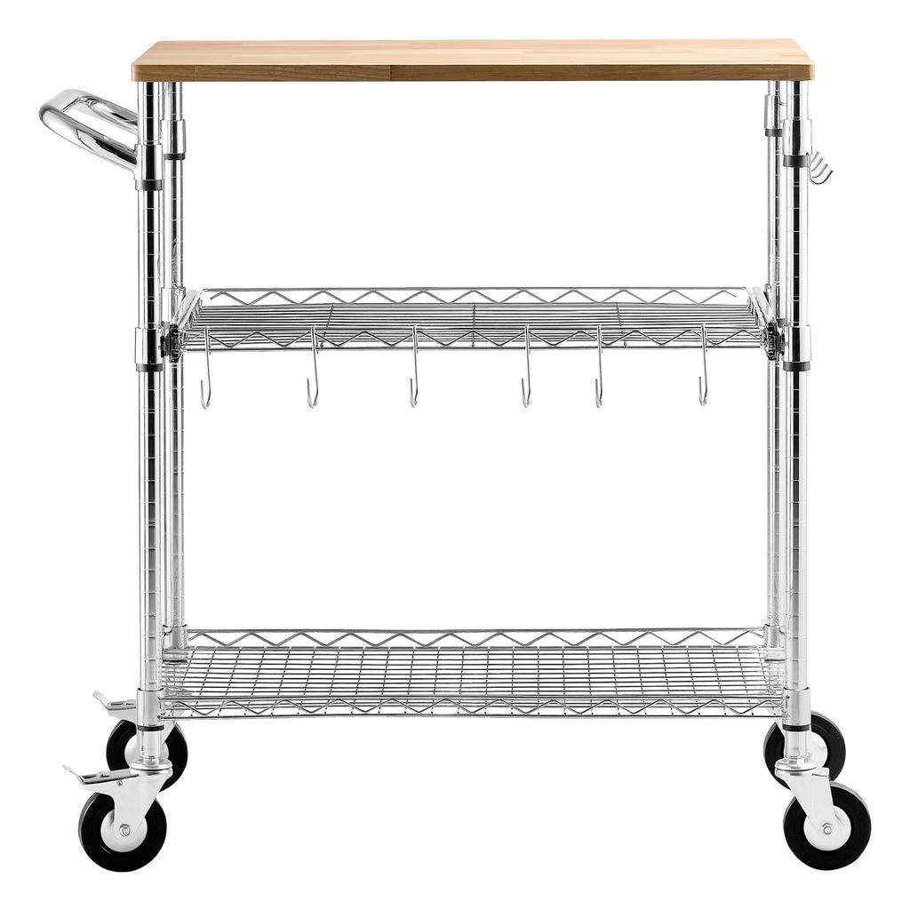 VEVOR Kitchen Utility Cart, 3 Tier Heavy Duty Adjustable Wire Storage Rack with Wood Tabletop and Handle Bar