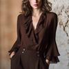 Damen Rüschen V-Ausschnitt Glockenärmel Bluse Einfarbig Elegant Langarm Hemd