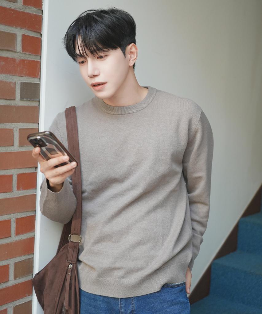 ADHOC Men'S Basic Round Neck Pullover Knit (Dk-Beige) (Hbalk92)