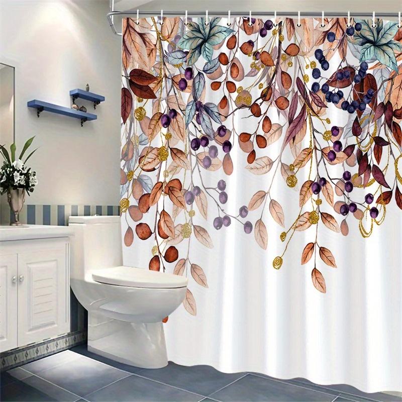 1 Autumn Leaves and Berries Watercolor Shower Curtain - Orange, Brown, Beige and Gold Design, Polyester Fabric, Machine Washable