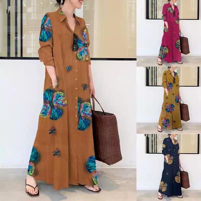 2021 Ethnic Style Plus Size Cotton Linen Long Robe with Turn-Down Collar and Pockets