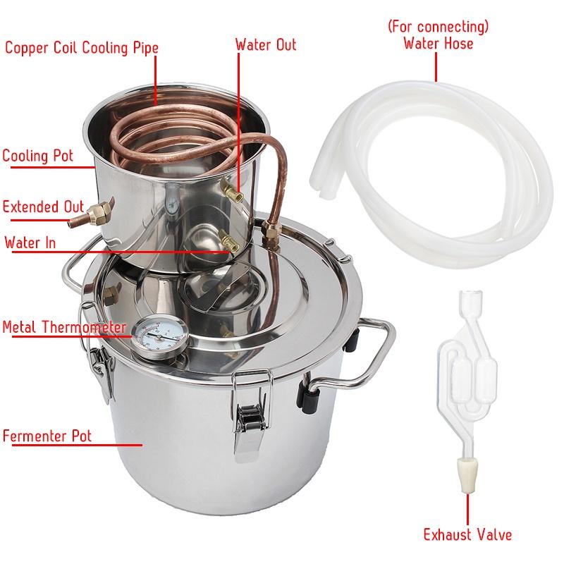 Rustfritt Stål Destillator Moonshine Alkohol Kobber DIY Vann Vin Eterisk Olje Bryggesett 10L/30L Hjem Ny