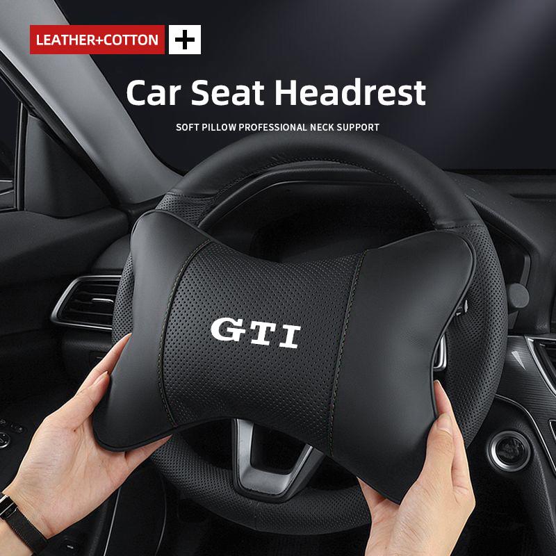 hijk1 Car Seat Leather Headrest Neck Cushioning Support Head Pillow For VW GTI Polo Golf Passat Tiguan Arteon Touareg CC Taigo Caddy