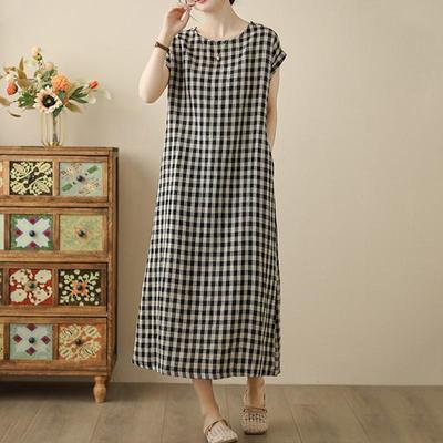 Short Sleeve Plus Size Cotton Vintage Plaid New In Dresses for Women Casual Loose Long Summer Dress