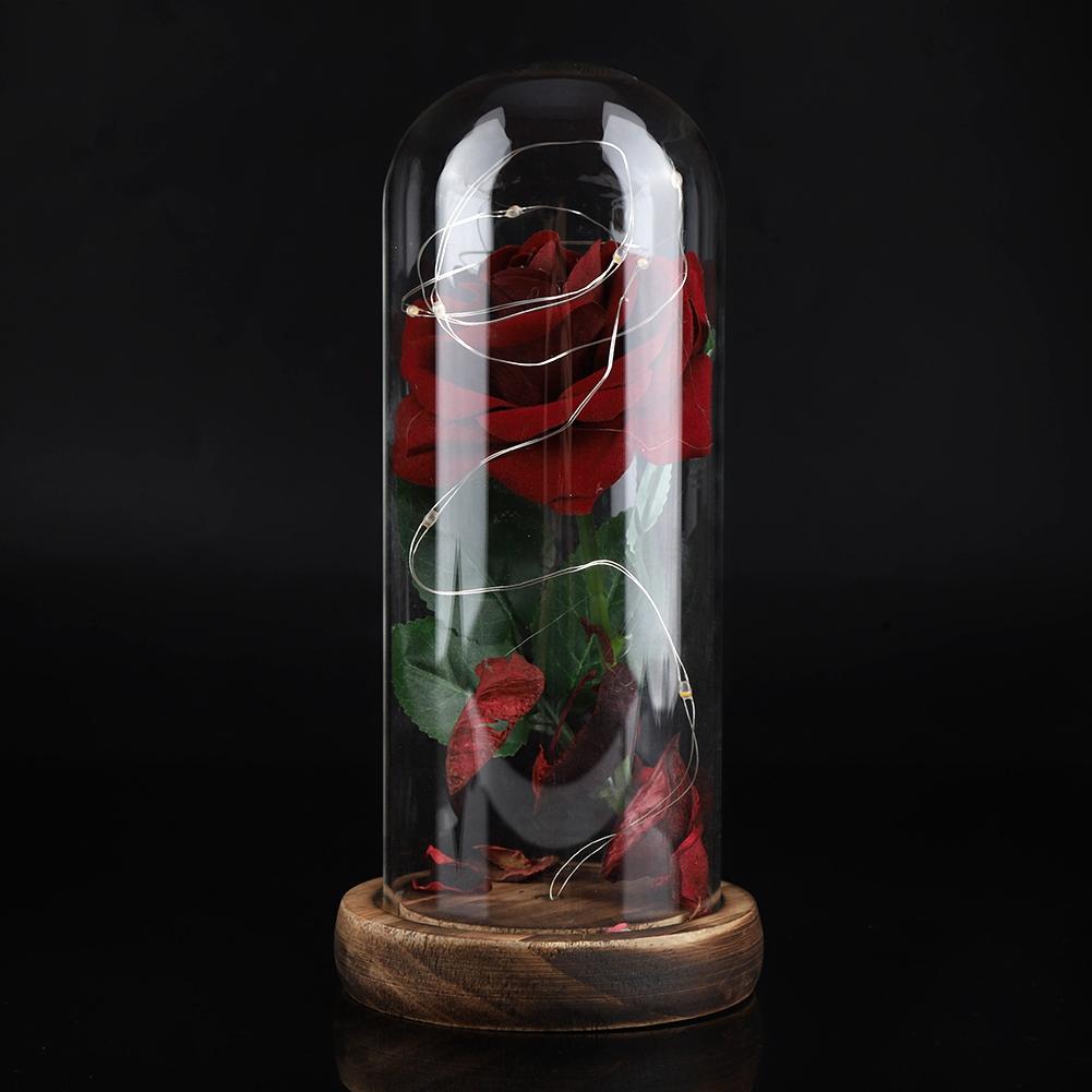 Preserved Rose Flower LED Light with Glass Cover & Wooden Base Valentines Day Wedding Gift Red