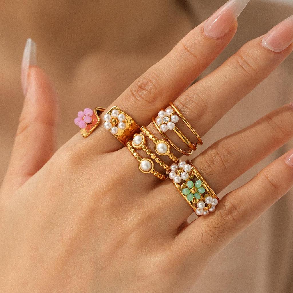 European and American Pearl Flower Stainless Steel Open Ring – High-End, Non-Fading Titanium Steel for Women