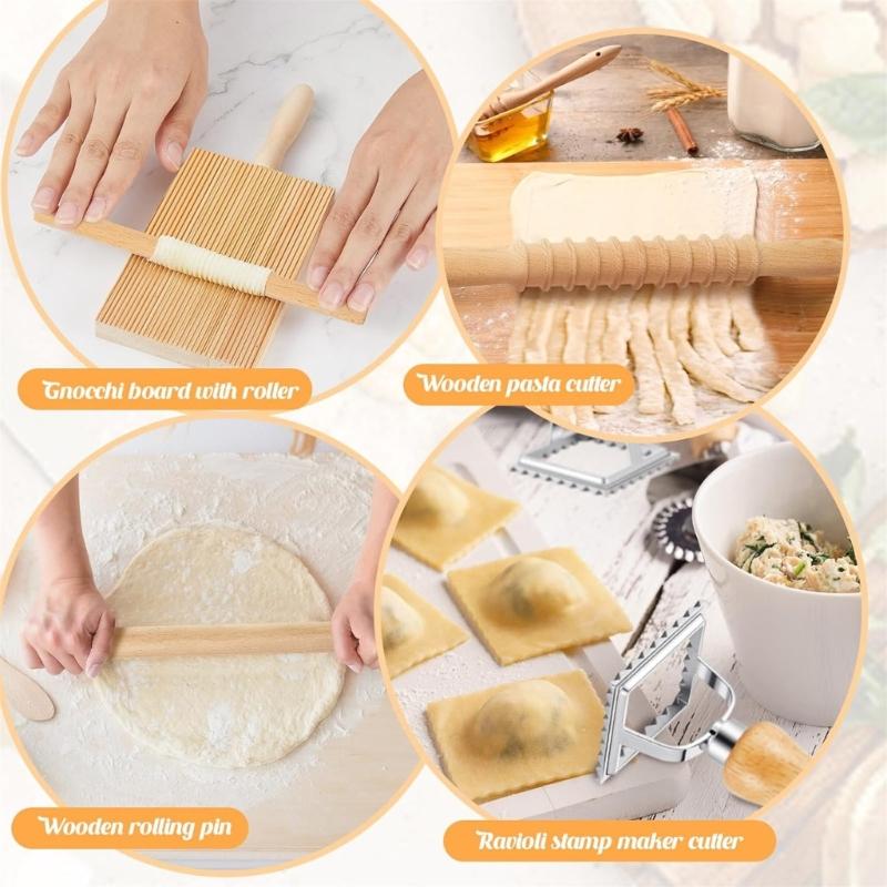 Wood Threaded Rolling Pin Pastas Tool Set Dough Scraper Gnocchi Board Dumpling Maker Ravioli Stamp Cutter Wood Texture