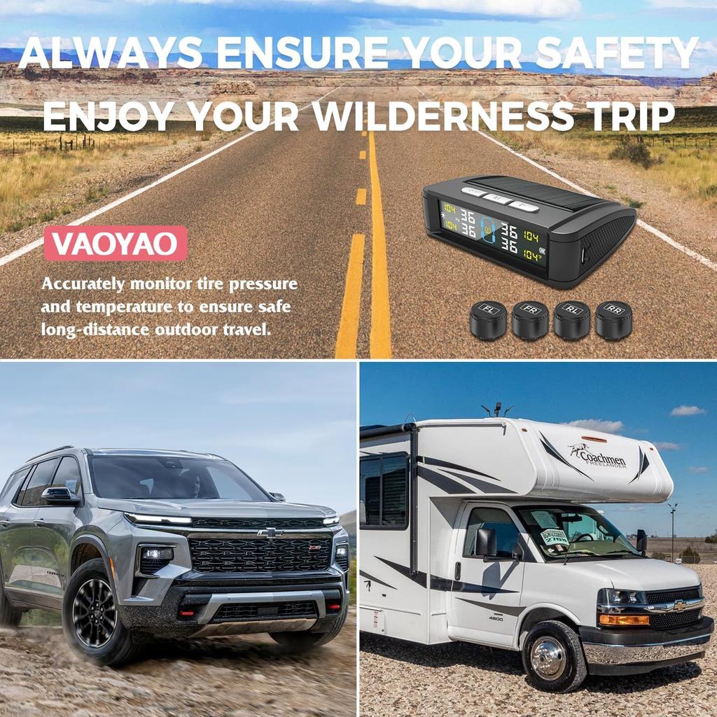 Universal Solar-Powered TPMS with LCD Display - External/Internal Sensors, IPX7 Waterproof, Real-Time Monitoring System