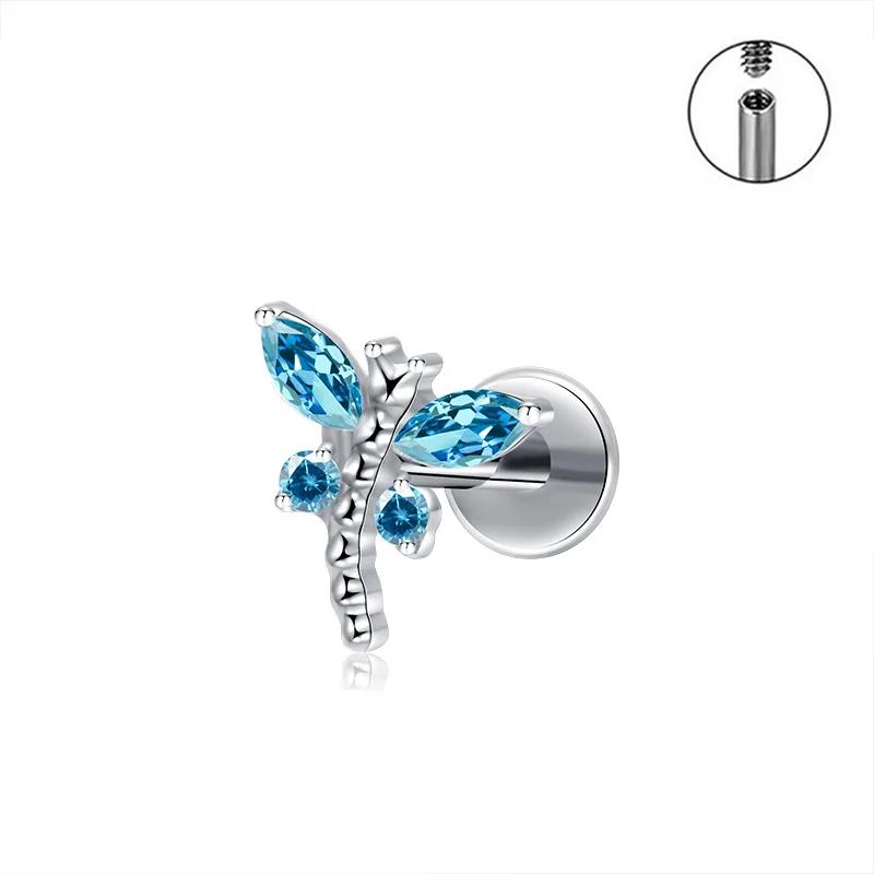 Piercing Labret Mini Libellula in Titanio ASTM F136 con Zirconia Cubica Orecchio Helix Flat Trago Orecchino Anello Naso Piercing Labbra
