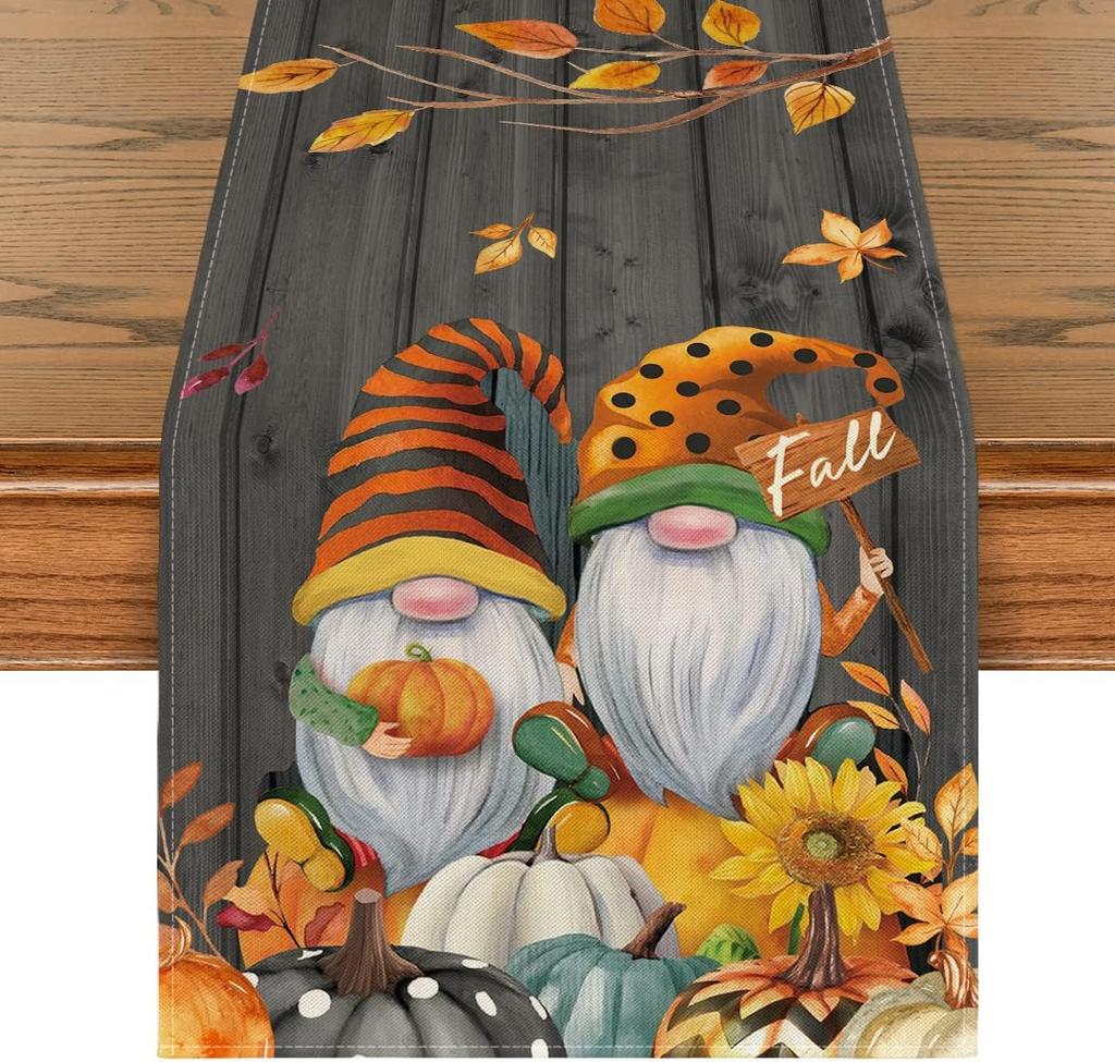 Wood Grain Gnomes Pumpkins Sunflower Leaves Fall Table Runner Autumn Thanksgiving Dresser Scarf Decor Kitchen Dining Table Decor