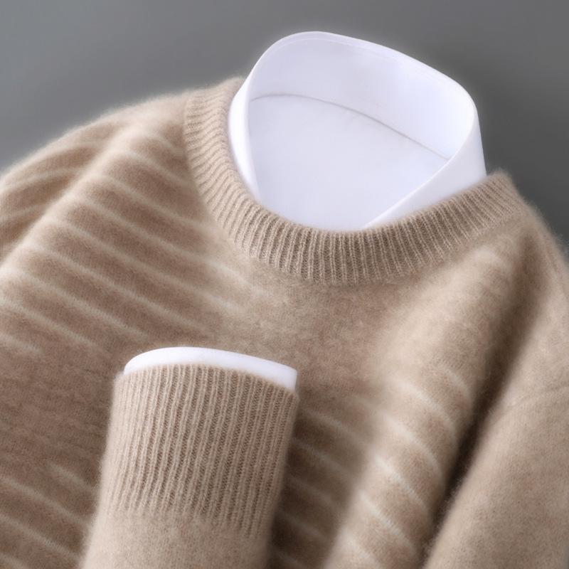 Men s Striped Color Block Wool Sweater - Thick, Fashionable, Versatile Casual Knit Top Large фиолетовый/верблюд