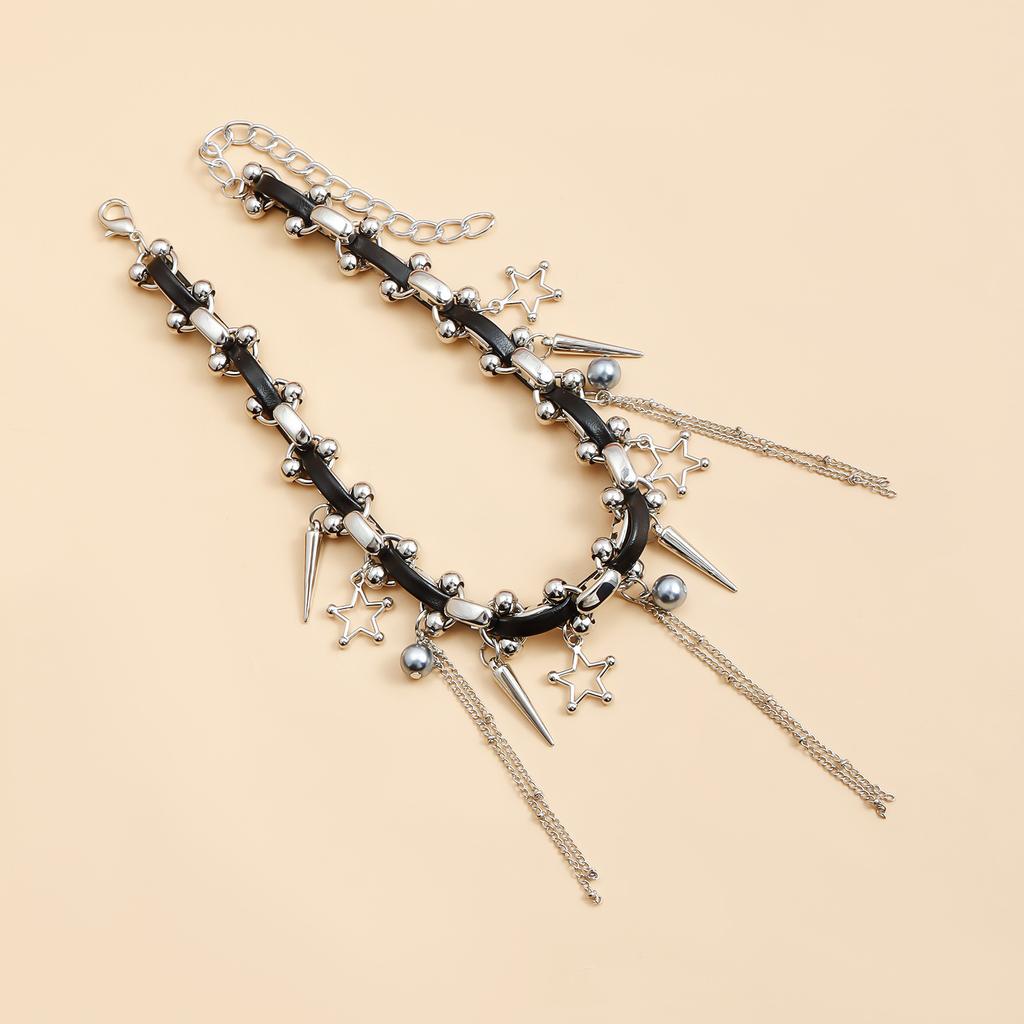 Punk Gothic Style Pentagram Tassel Leather Rope Collarbone Chain Sweet Cool Spicy Girl Necklace