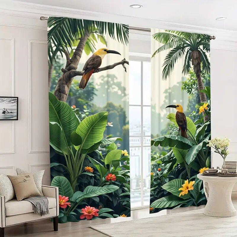 2pcs - Tropical Rainforest  Print Curtains   Pole Bag Curtains   Home Decoration   Room Decoration