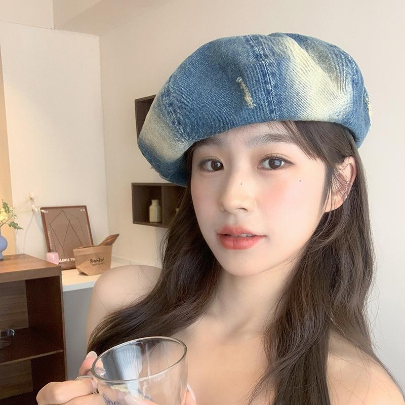 Japanese High end Denim Gradient Beret Ripped Denim Beret Vernacular Retro Versatile Old Painter Hat