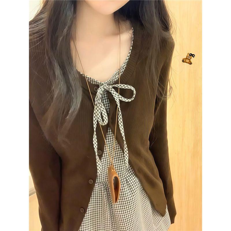 

Kumikumi Elegant Set Brown Long sleeve Outerwear Women Plaid Sling Autumn Slimming Casual Pants Three-Piece Set Coffee Cardigan L