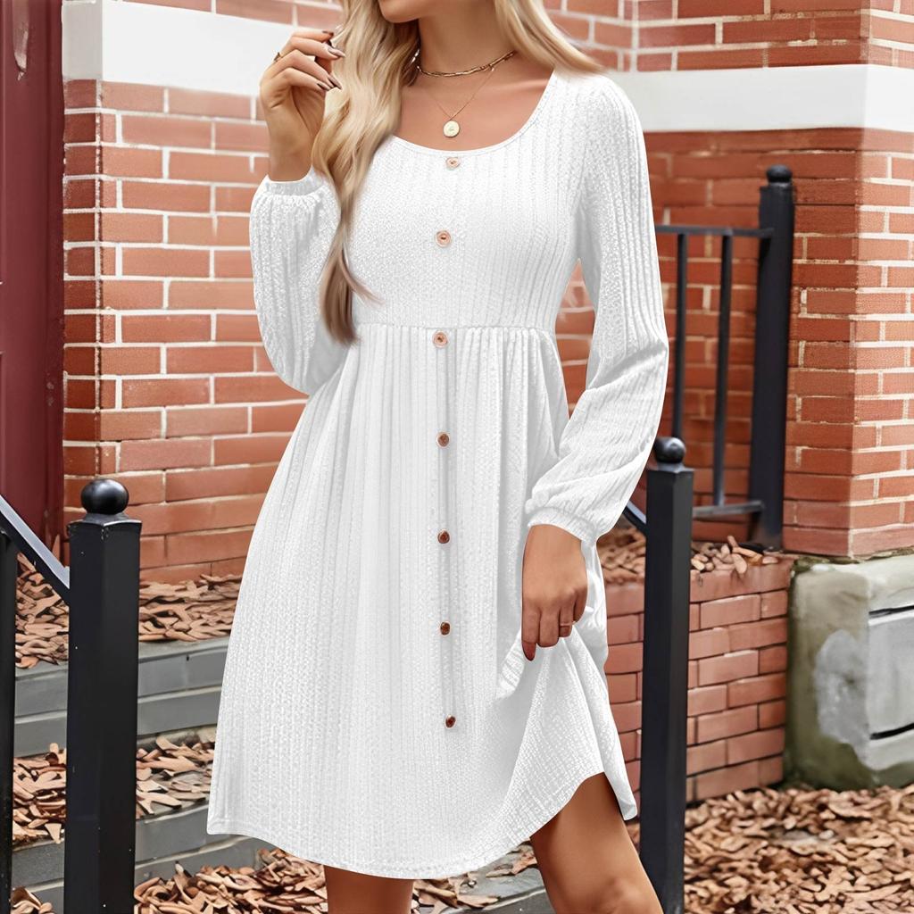 Women's Fashion Round Neck Casual Slim Solid  Waist Long Sleeve Dresses
