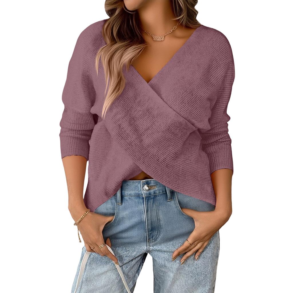 Women's Relaxed Patchwork V,neck Loose Long,sleeved Polyester Sweater