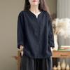 Autumn Women Vintage Cotton Blouse Fashion Solid Loose Shirt Work Tunic Blusas Mujer V Neck Long Sleeve