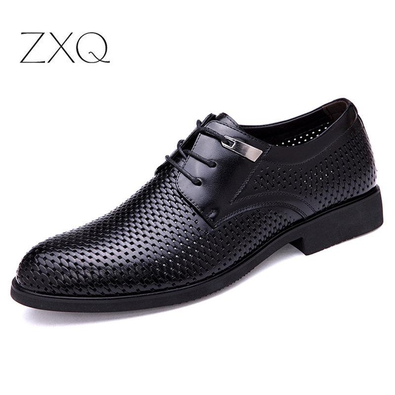 Fashion New Summer Genuine Leather Men Oxford Shoes British Style Pointed Toe Hollow Breathable Black Leather Men Dress Shoes