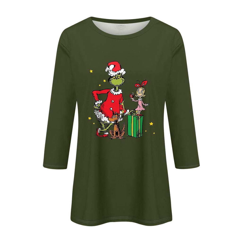 3/4 Sleeve Tops For Women T-Shirt Casual Christmas Print Tops T Shirt Round Neck Pullover Blouse