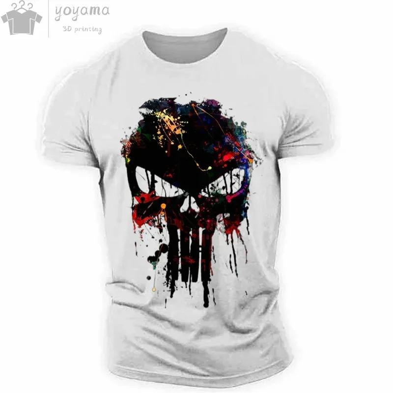 Men Sports Casual O-Neck T-Shirt, Military Patriotic Skull Print Oversized Short Sleeve Tops