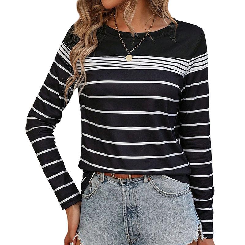 Women Fashion Autumn Spring Long Sleeve Striped Pullover T Shirt Blouse Top
