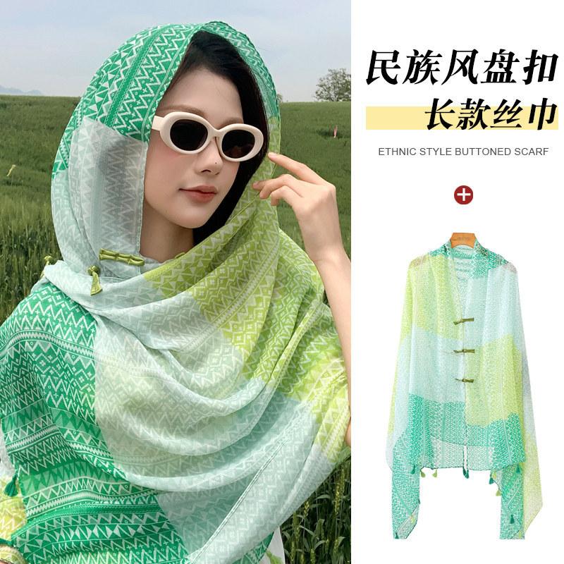 Small fresh white floral silk scarf women's summer travel buckle sunscreen large shawl beach towel thin yarn scarf scarf