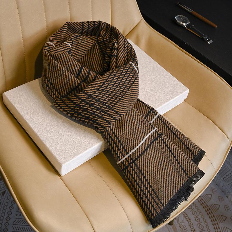 Men's Wool Scarf Autumn and Winter Warm Thickened Plaid Scarf Business Leisure Birthday Gift Men's