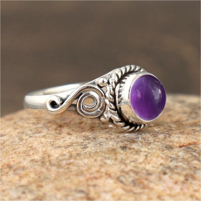 Amethyst Round Gemstone Ring, Solid 925 Sterling Silver Ring, Handmade Ring, Stacking Ring, Birthstone Ring, Silver Jewelry