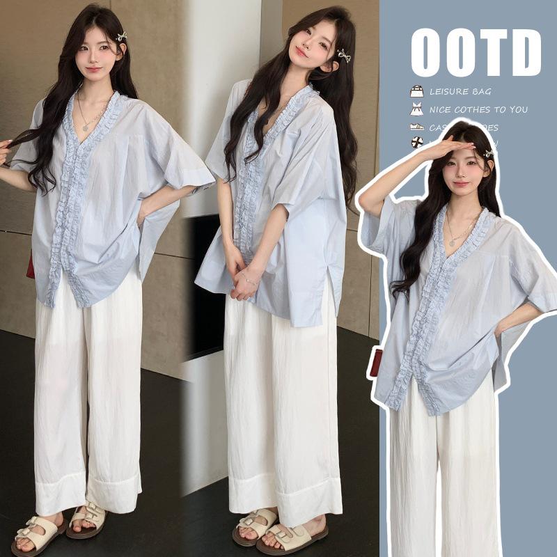 Summer 2026 Korean Style Loose Fit Top and Wide Leg Pants Set L