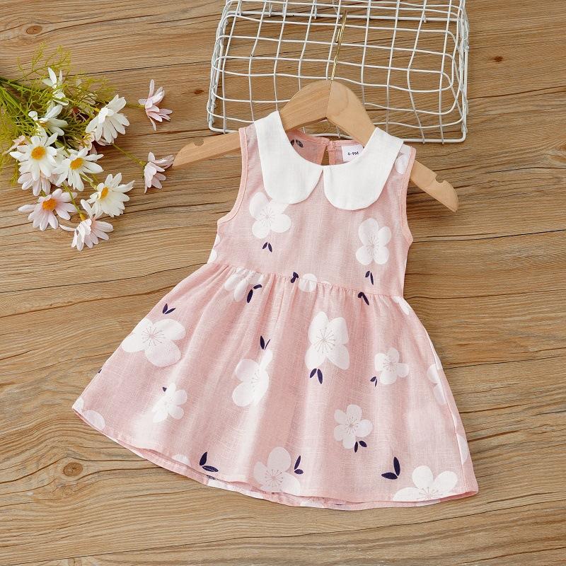 Girls Cotton Linen Sleeveless Dress Floral Print Peter Pan Collar Princess Baby Vest Dress Summer Breathable Comfortable 90cm