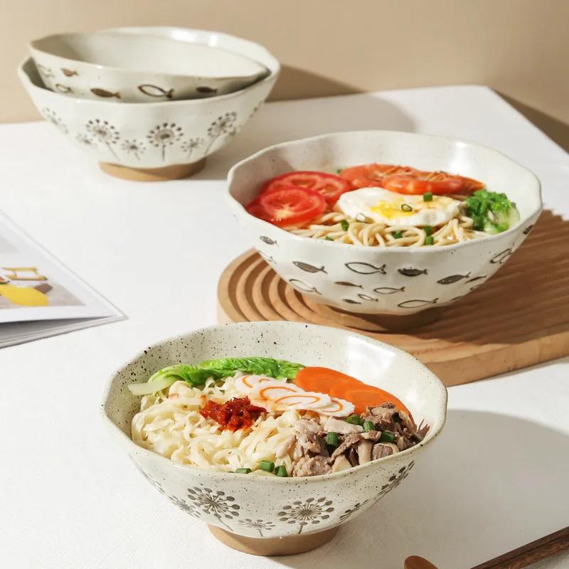 Coarse Pottery Bowl, Retro Ceramic Tableware, Underglaze Colored Noodle Bowl, Lace Soup Bowl, Household Hat Commercial Ramen
