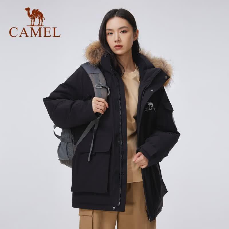 Camel Unisex Outdoor Hooded Mid-Length Down Jacket