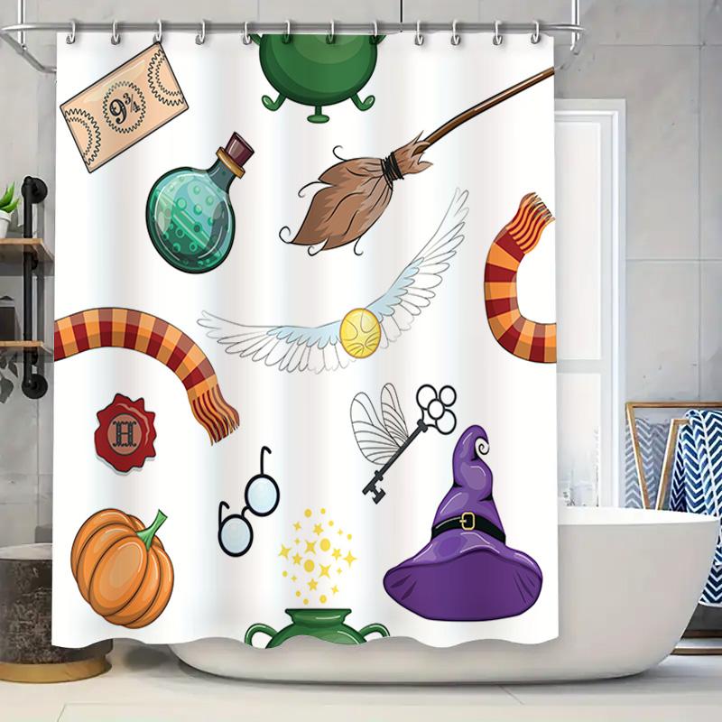 Harry Potter-themed Shower Curtain Featuring a Broomstick, Wand, Pumpkin Patch, and Magical Creatures Perfect for Halloween! (It