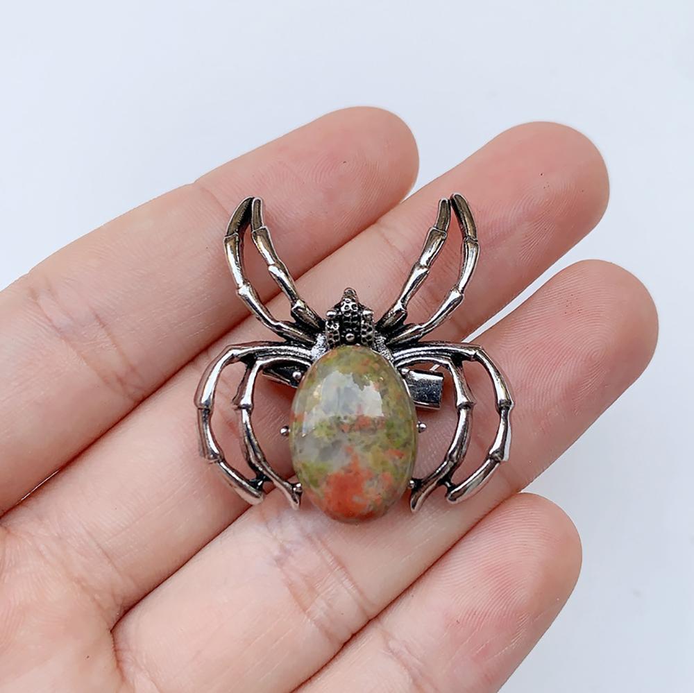 Natural Gem Stone Spider Brooch for Backpacks Jackets Hats Pants Jewelry Accessory Natural Quartz Halloween Spider Pin Brooch
