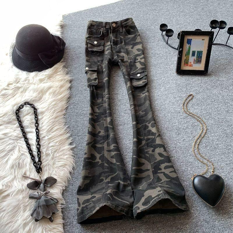 

Camouflage Work Jeans Women s Large Size Flared Trousers Design Straight Loose Horseshoe Dragging Trousers Jeans for Women Long Denim Pants XS
