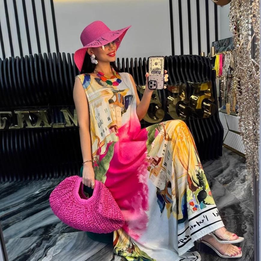European and American Women's Clothing Summer New Fashion Loose Large Size Printing Suspender Casual Dress Long Dress